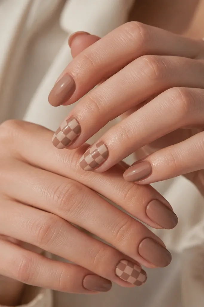 Two accent nails per hand with caramel-brown checkered squares on a nude base; the other nails are solid warm brown nude.