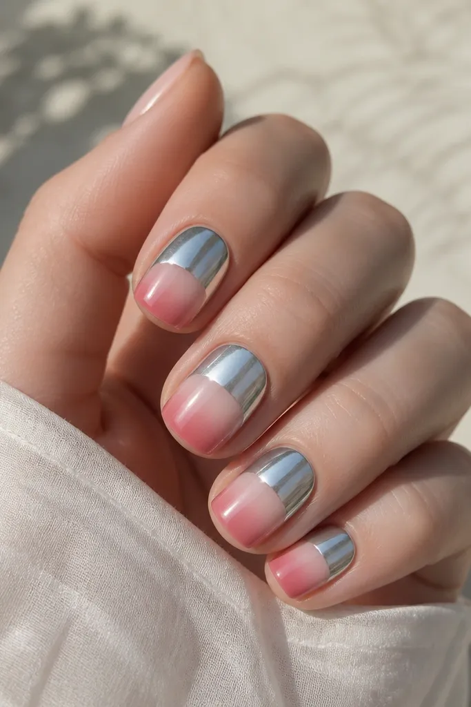 Short squoval nails with a milky pink base near the cuticle fading into a dusty rose at the tip; a crisp silver chrome band covers the top half of each nail, leaving the gradient visible below.