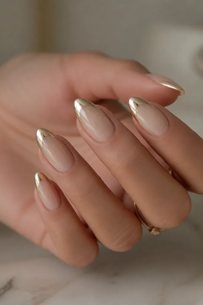 Medium almond nails with a nude beige fade that's strongest near the tip; the very tip is coated in champagne-gold chrome, forming a smooth curved line.