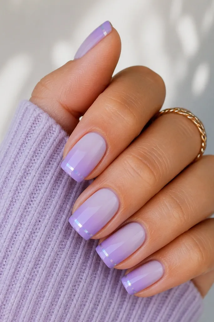 Square nails with a lavender-to-lilac ombre that fades from a pale lavender near the cuticle into a smoky lilac at the tip; a thin iridescent chrome line sits right at the tip.