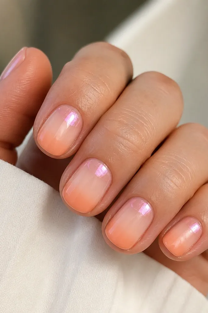 Short rounded nails with a peachy nude near the cuticle fading into apricot at the tip; glossy pink chrome covers the top third like a halo.