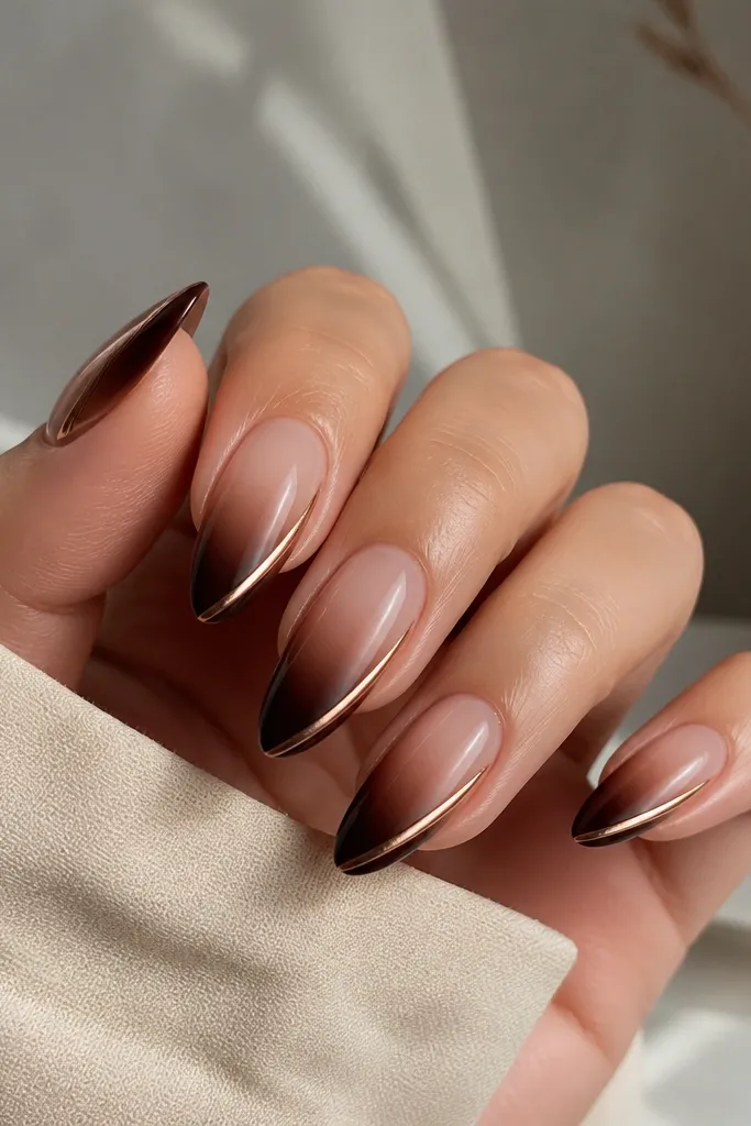 Almond nails with a nude-beige cuticle fading into deep chocolate brown tips; a thin copper chrome line runs along the side edge near the tip.