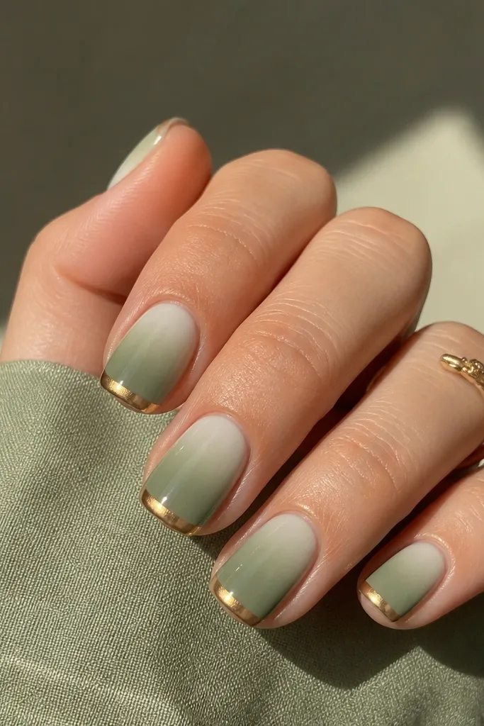 Short squoval nails with a sage green ombre that fades from pale mint near the cuticle into deeper sage at the tip; gold chrome forms a curved crescent at the free edge.