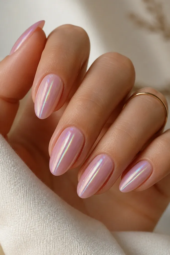 Medium almond nails with a rose quartz ombre from pale pink near cuticle to dusty pink at the tips; holographic chrome is applied in a vertical center stripe across each nail.
