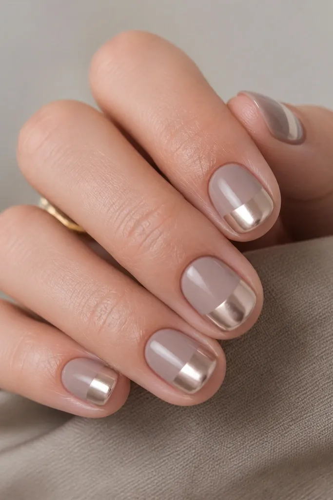 Short round nails with taupe ombre fading from light beige near the cuticle into mid taupe at the tip; mirror nude chrome covers the bottom half in a clean arc.