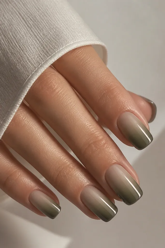 Squoval nails with an olive nude ombre from light beige-olive at cuticle to deeper olive at tip; silver chrome runs along both sidewalls near the free edge.