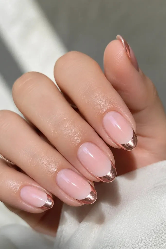 Short almond nails with a nude-pink base; the tips fade into a soft white French ombre; rose gold chrome covers the very tip area with a thin curved edge.