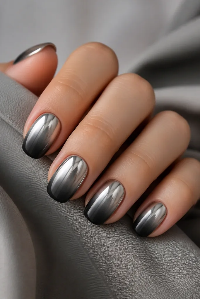 Medium squoval nails with a charcoal-to-smoke ombre that fades from light gray near cuticle into dark charcoal at tips; steel chrome covers the top half like a mirror panel.