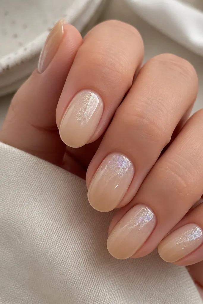 Round nails with a creamy vanilla ombre that goes from sheer cream at the cuticle to a warm beige at the tip; pearl chrome is sprinkled lightly over the upper half, not full coverage.