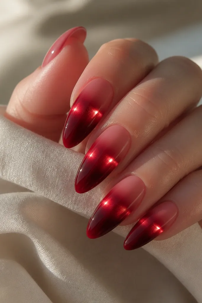 Almond nails with a deep red velvet ombre from soft pink-red at cuticle fading into rich red at the tips; ruby chrome forms a horizontal band across the middle.