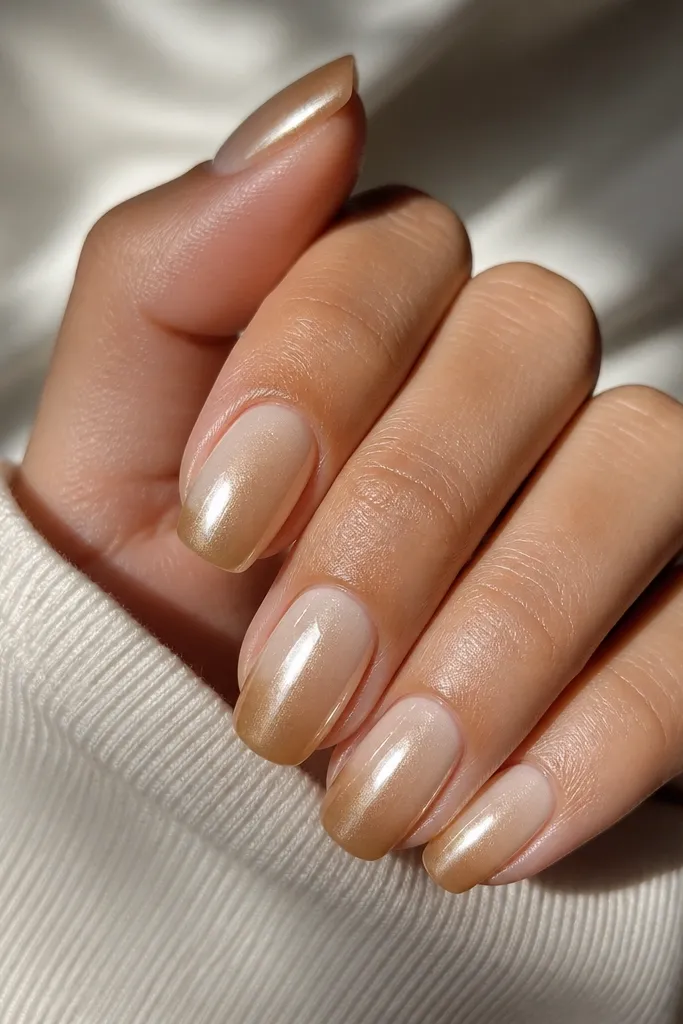 Medium squoval nails with a gold nude fade into tan at the tips; instead of full colored chrome, a clear chrome overcoat gives a glassy shimmer across the entire nail.