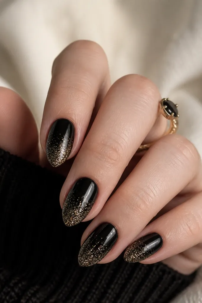 Short stiletto nails with a smooth black base; the tips have a dense dusting of fine micro-glitter that fades into the black near the middle.