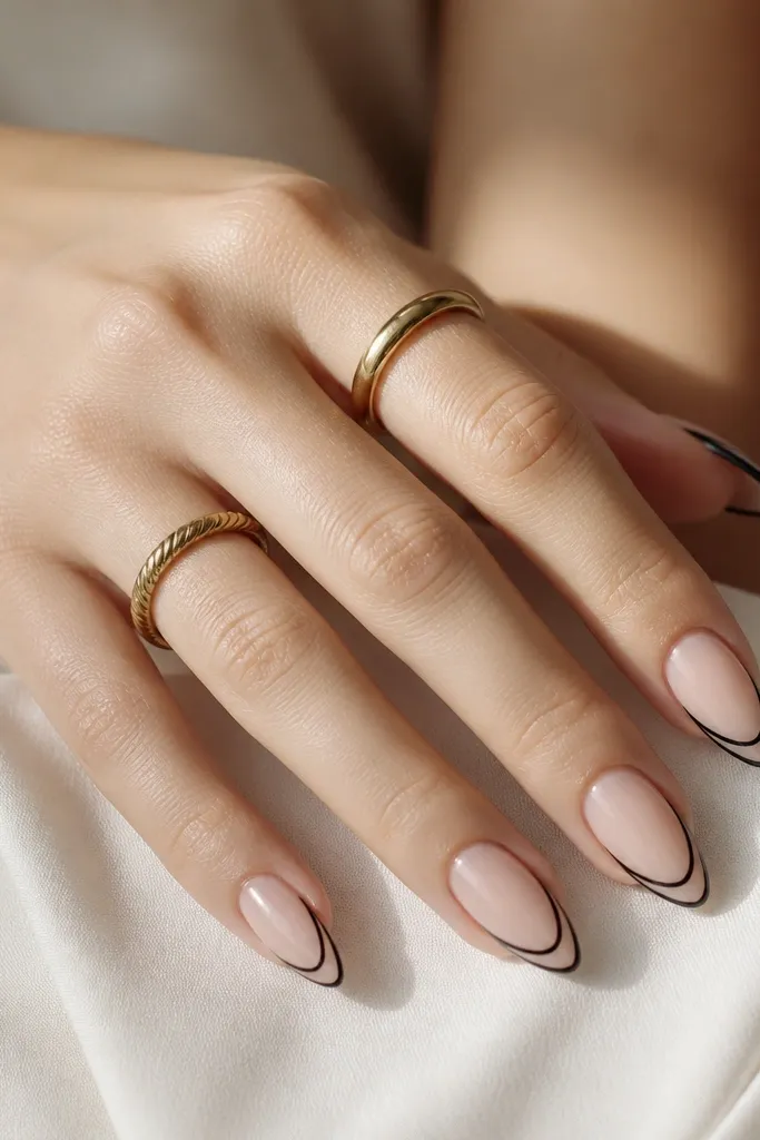 Short stiletto nails with a nude base; black French tips are drawn as an outline around the tip, leaving a thin nude center.