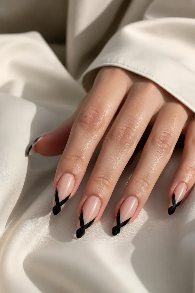 Short stiletto nails with clear or nude base; black X-shaped lines cross near the tip, leaving negative space in the center of the nail.