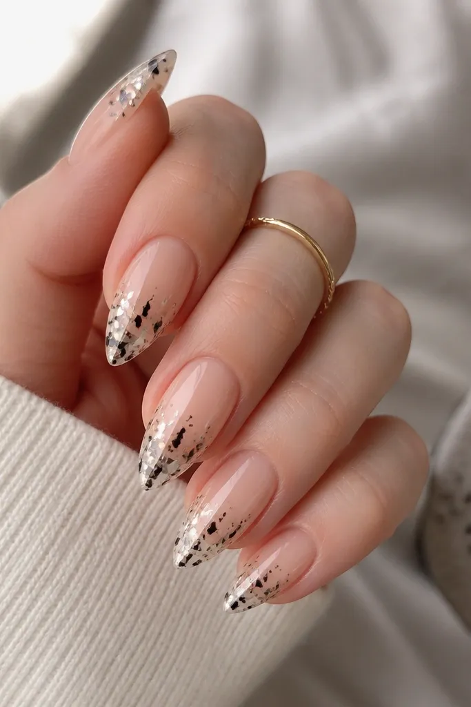 Short stiletto nails with a clear or nude base; the very tip area has scattered black and silver foil confetti pieces under a glossy layer.