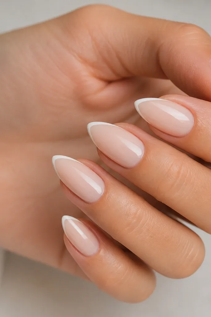 Short stiletto nails with a sheer milky nude base. Tiny white French tips are only 1 mm wide, following the point closely. Clean, glossy finish.
