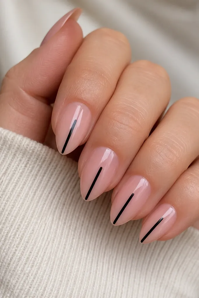 Compact short stiletto nails in a glossy sheer pink. A single vertical jet black stripe runs from mid-nail down to the tip on each nail, staying centered and narrow.
