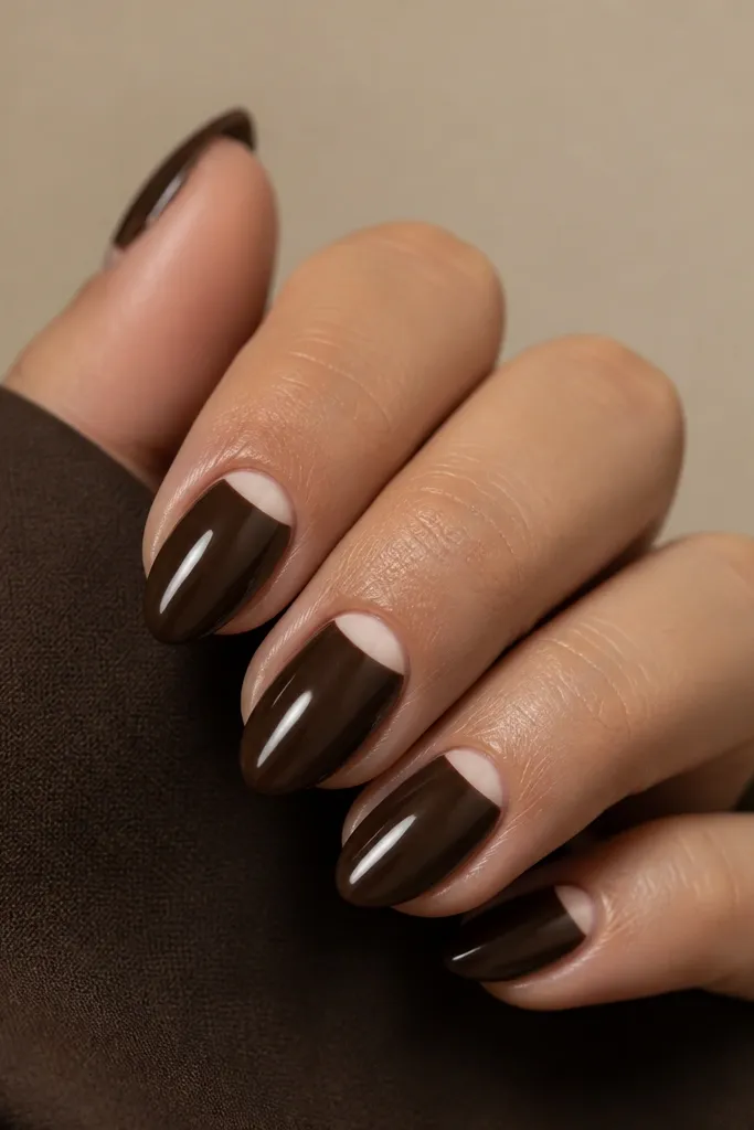 Short stiletto nails painted a deep chocolate brown glossy. At the cuticle, a reverse half-moon in nude beige sits on the lower cuticle area, crisp and clean.