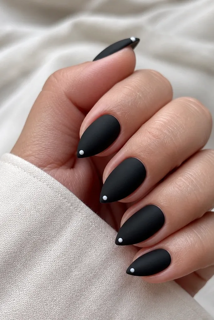 Compact short stiletto nails with a full matte black finish. Each tip has a single tiny white dot centered right before the point.