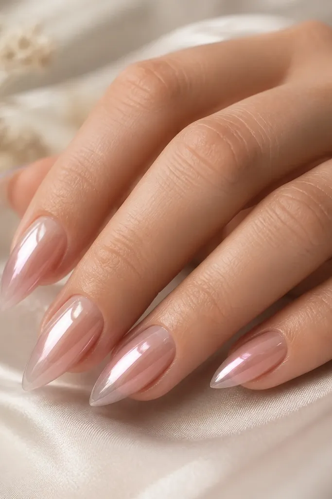 Short stiletto nails with a clear, glassy builder base. A soft pink chrome powder starts near mid-nail and fades toward the tip point. High shine.
