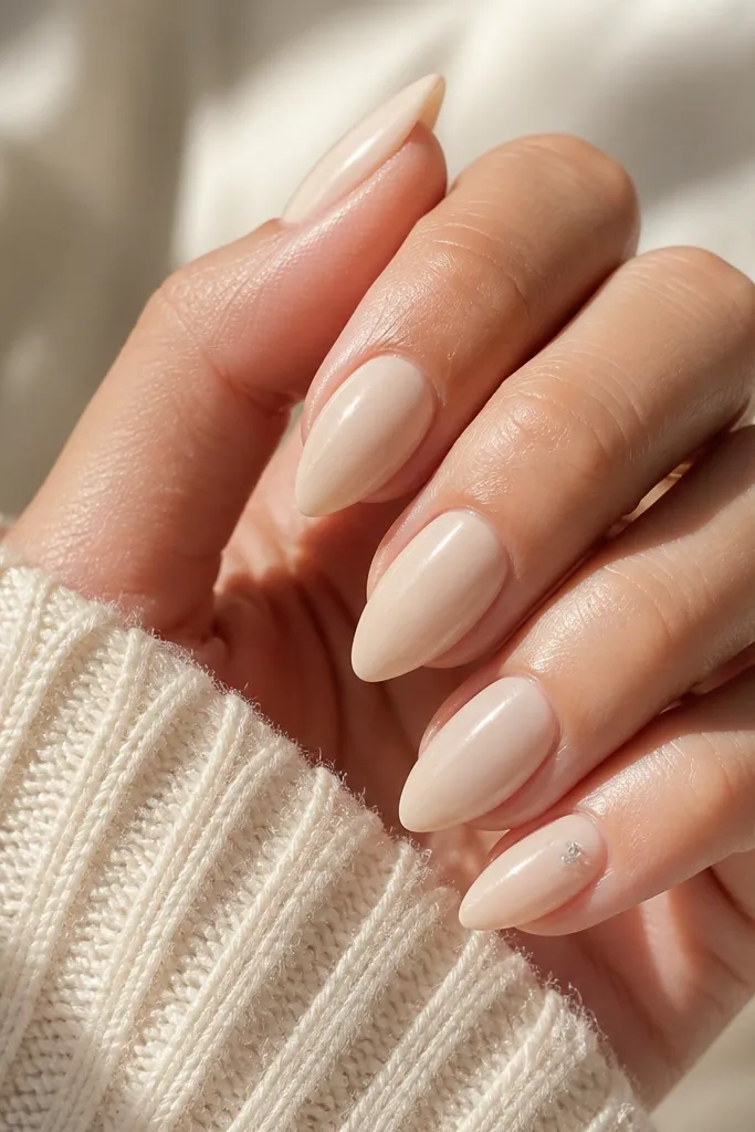 Compact short stiletto nails in creamy beige nude gloss. One nail has a single small clear rhinestone placed diagonally near the outer edge of the tip.