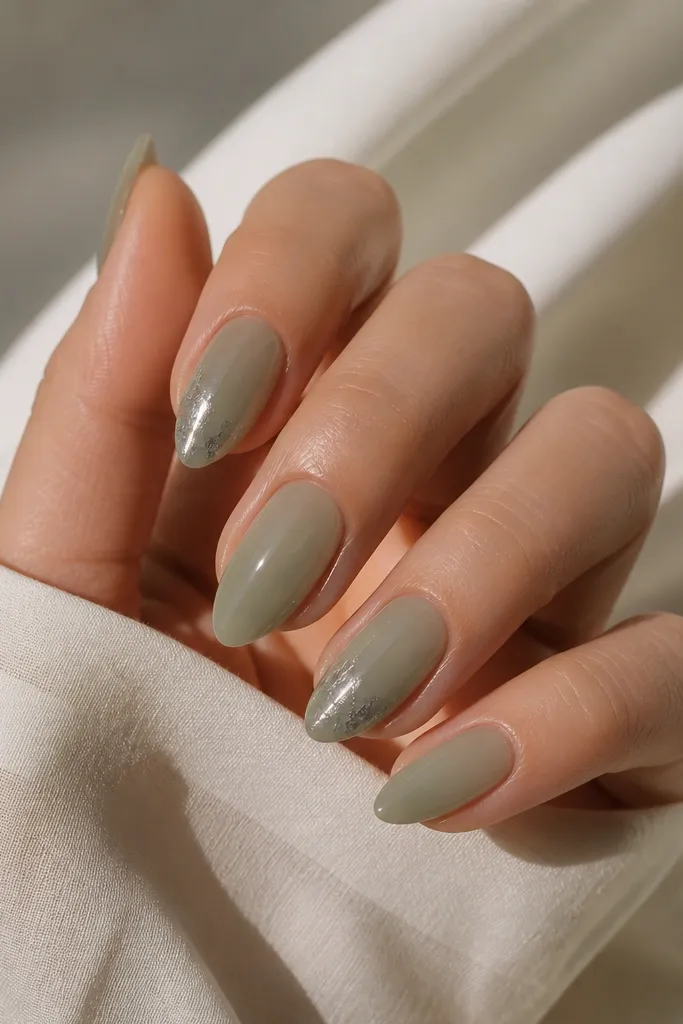 Compact short stiletto nails in a glossy sheer sage green jelly. On two nails, there's a small silver foil flick near the tip, like a paint swipe.
