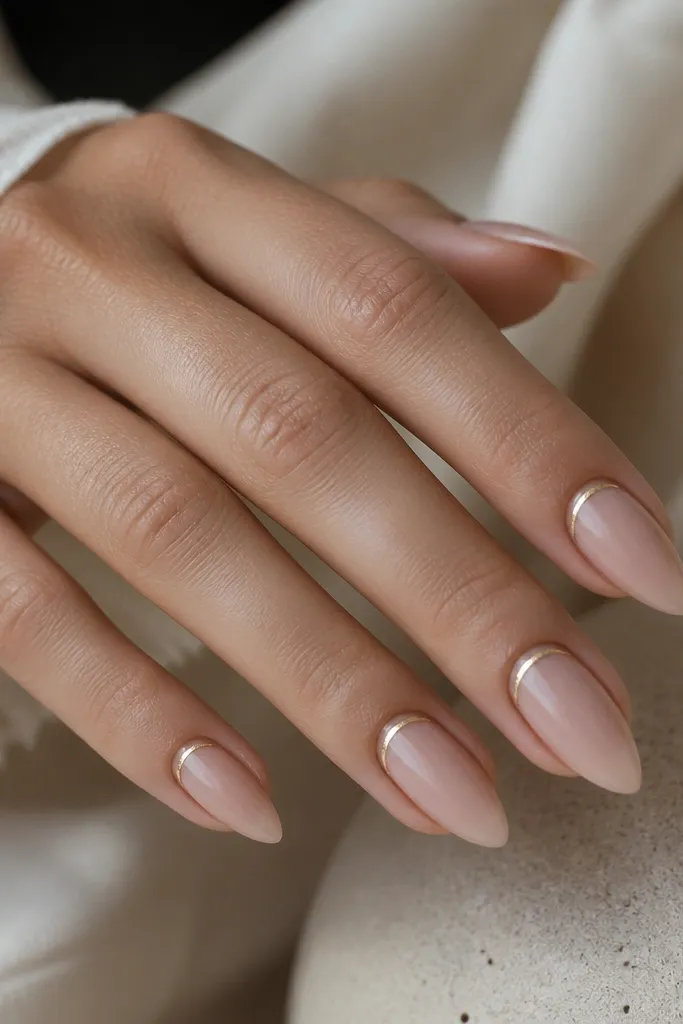 Short stiletto nails in nude pink glossy. A thin gold arc runs along the lower cuticle area, following the crescent shape.