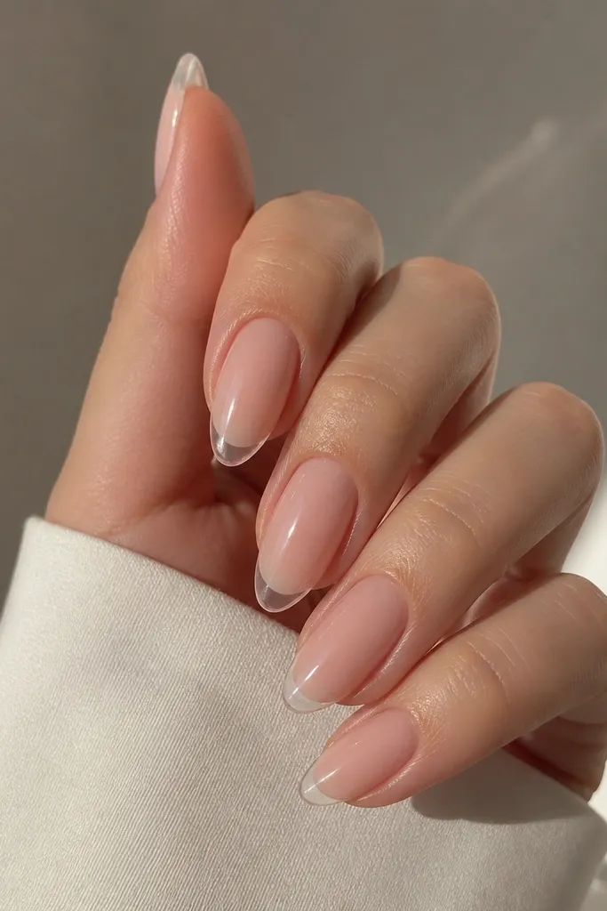 Short stiletto nails with a glossy blush pink base. The tips are left clear, forming a transparent French look. Clean cuticle with smooth transitions.