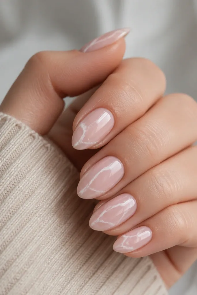 Compact short stiletto nails with milky pink base and glossy. White marble veins wander diagonally toward the tip, with soft gray shadowing.