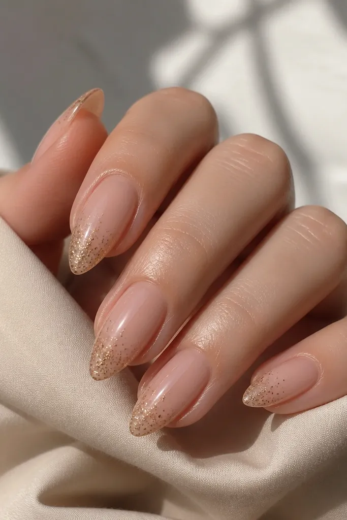 Short stiletto nails in rosy nude gloss. Gold confetti glitter specks are concentrated near the tip and fade toward the center.