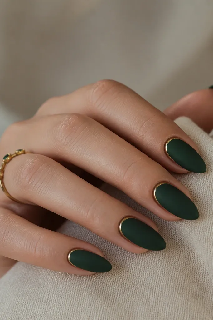 Compact short stiletto nails painted matte forest green. A thin gold outline traces the tip curve and stops right before the very point.