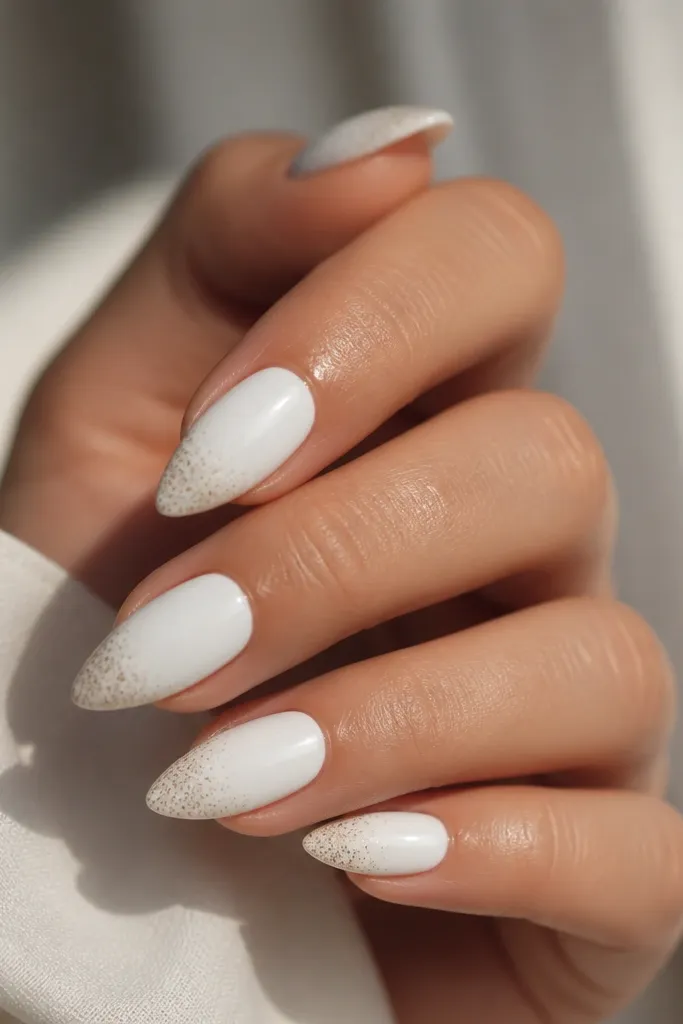 Short stiletto nails with glossy pure white. Fine nude speckles (like micro dots) concentrate near the tip and taper off toward the center.