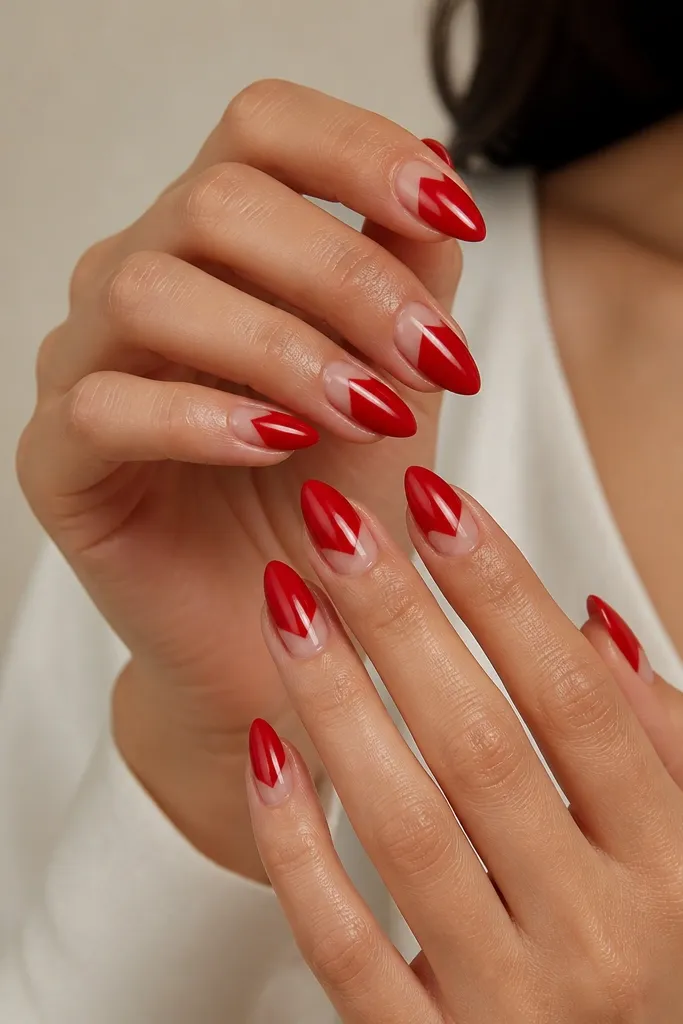 Compact short stiletto nails painted glossy classic red. Near the cuticle, a clear V-shaped negative space opens downward toward the center.