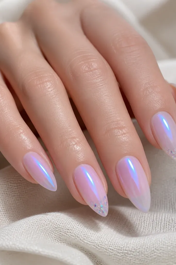 Compact short stiletto nails in iridescent jelly gel, shifting between pink and blue. Small rainbow foil bits sit near the tip on two nails.