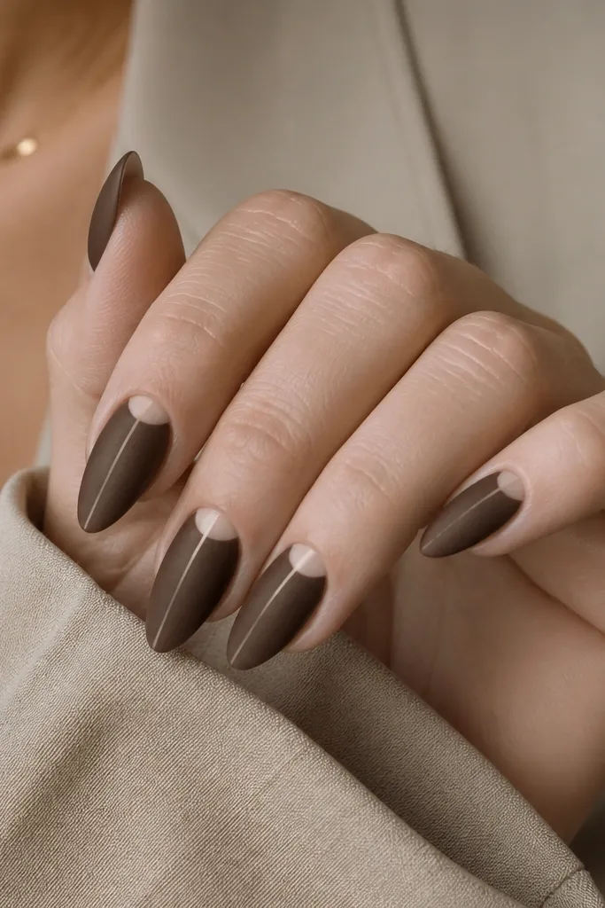 Short stiletto nails in matte chocolate brown. A beige half-moon sits near the cuticle, and a thin line runs from the center of the half-moon down toward mid-nail.