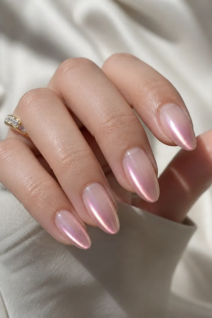 Compact short stiletto nails on a sheer nude base. Pink chrome powder is heavier near the tip and fades toward the cuticle, glossy overall.