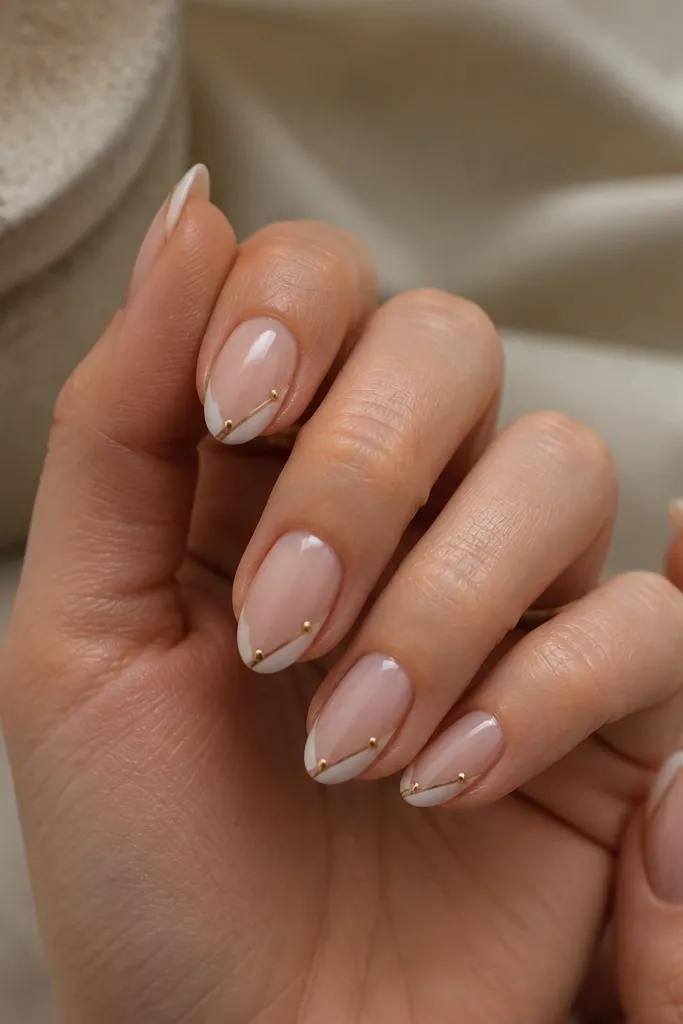 Compact short stiletto nails with a sheer nude base and clear negative space strips. Two tiny micro gold studs sit near the tip on the negative space side.