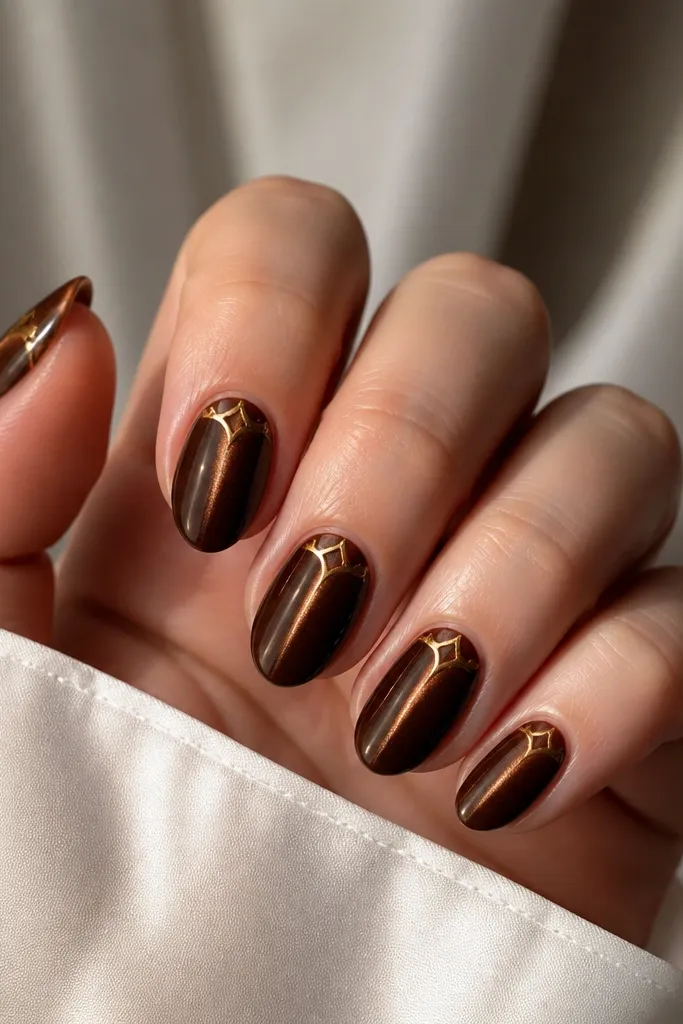 Short almond nails painted a deep chocolate brown cat-eye with a bright vertical shimmer line; the top third has a thin gold chrome crown-shaped tip, centered, with a glossy finish.