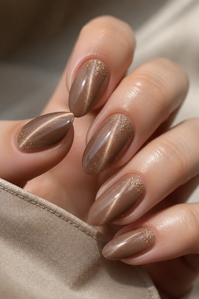 Medium almond nails in a caramel taupe cat-eye; the shimmer line is slightly off-center on each nail; tiny gold foil specks scatter near the cuticle like dust, with high shine.
