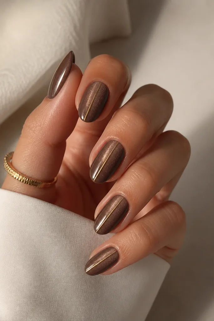 Nails in a mocha brown cat-eye shimmer, with the cat-eye line running vertically; one thin gold stripe runs down one side of each nail, aligned with the shimmer line.