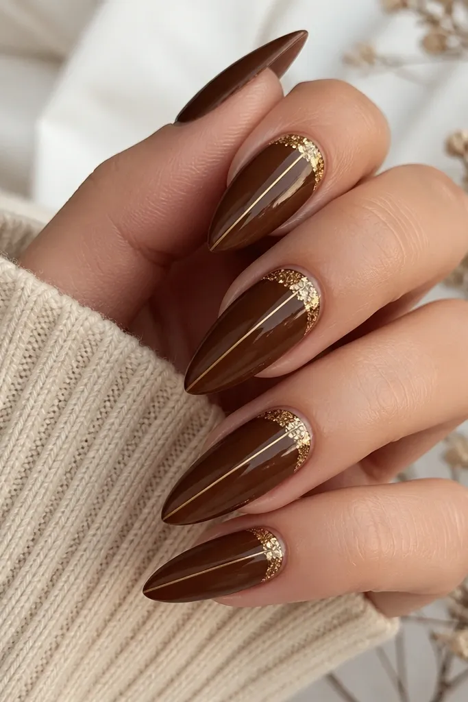 Chestnut brown cat-eye nails; the shimmer line is crisp; near each cuticle there's a half-moon of gold confetti flakes, with the rest of the nail glossy brown.