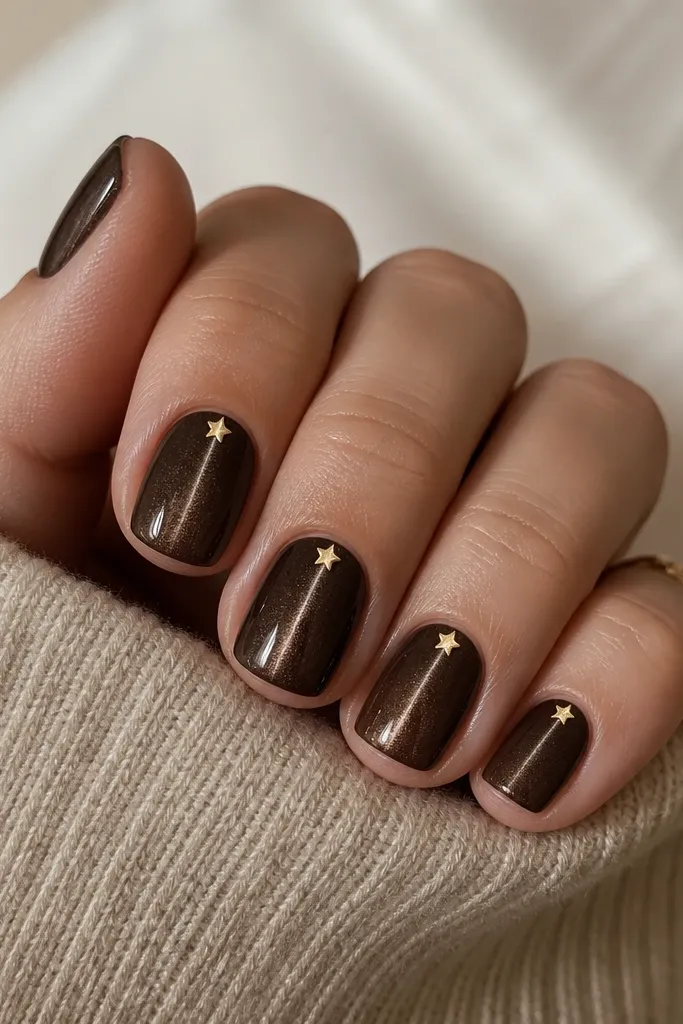 Short square nails painted espresso brown cat-eye; the shimmer line runs straight down; a single tiny gold star sits at the center cuticle on each nail.