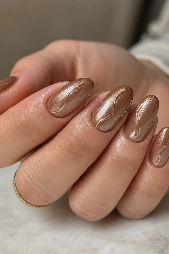 Medium almond nails in caramel latte cat-eye; a gold chrome line curves from near the sidewall toward the tip like a mini latte art swirl.