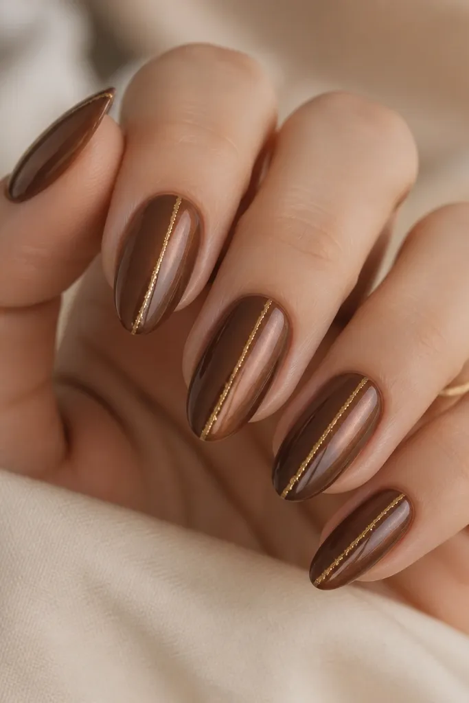 Nails painted satin brown magnetic gel with a smooth cat-eye streak; a thin vertical vein of gold foil runs from cuticle to near the tip on each nail.