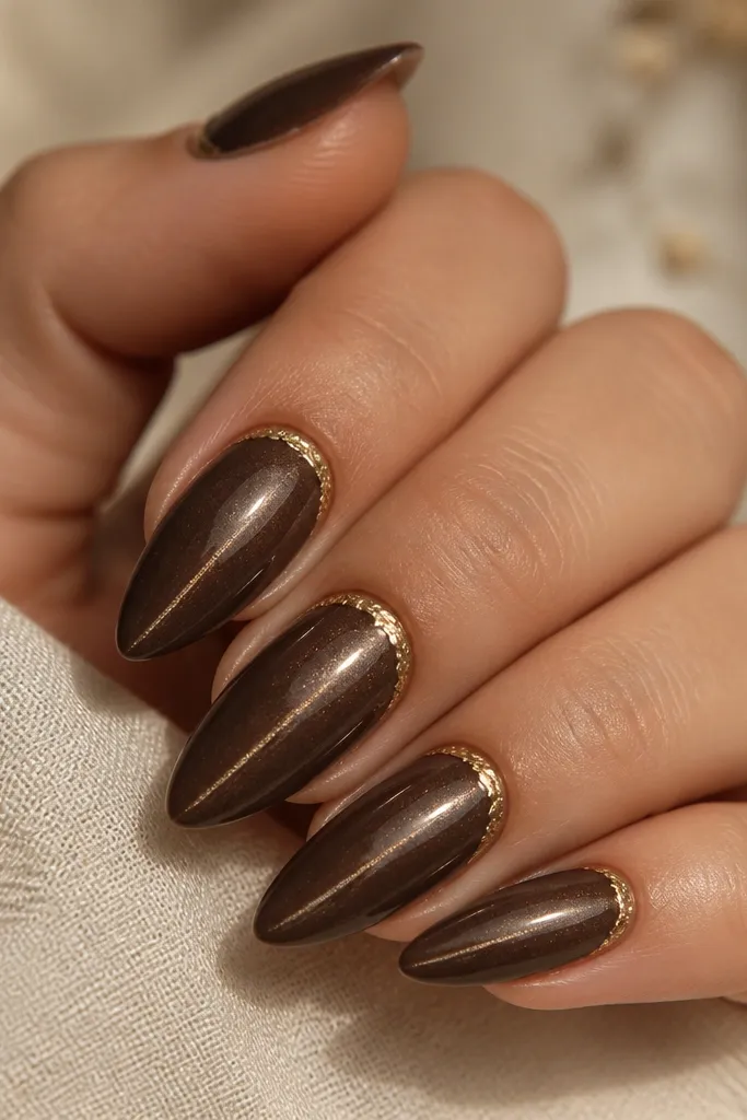 Cocoa brown cat-eye nails with a crisp shimmer line; gold leaf forms a thin rounded frame around the cuticle edge on each nail.
