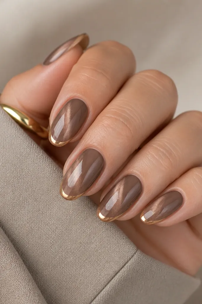 Short almond nails in taupe brown cat-eye; the tips are painted with a soft gold glaze French tip that looks semi-transparent, not opaque.