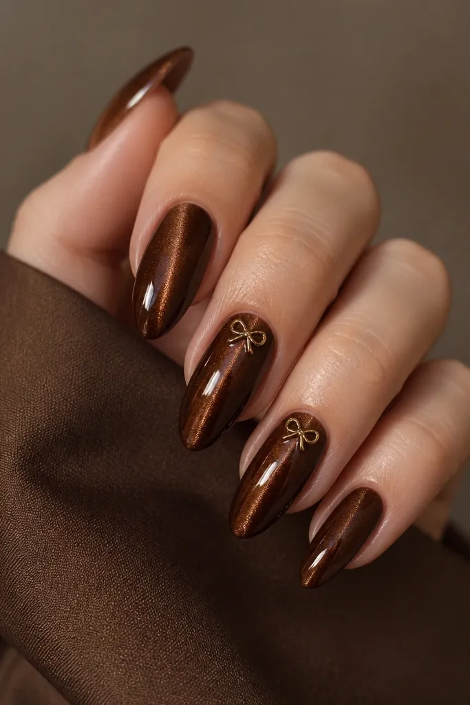 Deep brown cat-eye nails with a straight shimmer line; on two accent nails there's a small gold half-bow detail near the cuticle, with a glossy finish.