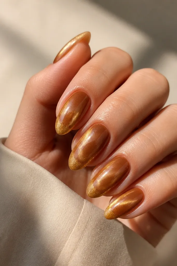 Medium almond nails in caramel cat-eye shimmer; gold ombré starts around the mid-nail and fades into the tips, with a smooth gradient.