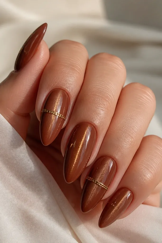 Toffee brown cat-eye nails; the shimmer line is centered; a thin gold chain link runs horizontally across the middle of each accent nail.