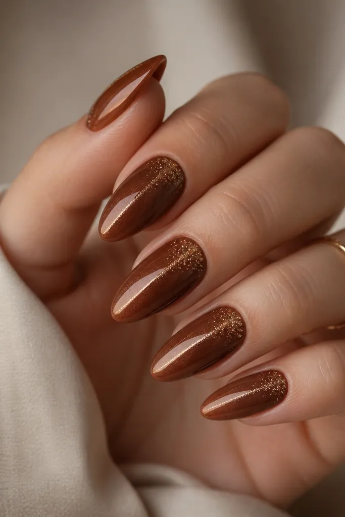 Burnt sienna brown cat-eye nails; the shimmer line runs vertically; at the cuticle there's a stippled cluster of tiny gold dots like glitter dust.
